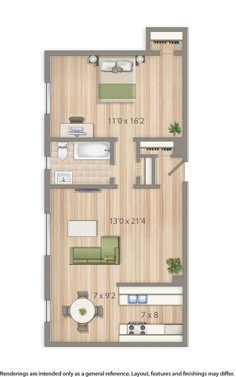 Floor plan for 1 bed, 1 bath, 693 sqft
